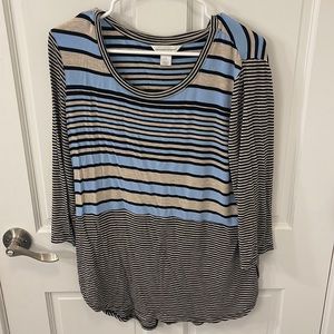 Black, blue and grey striped top